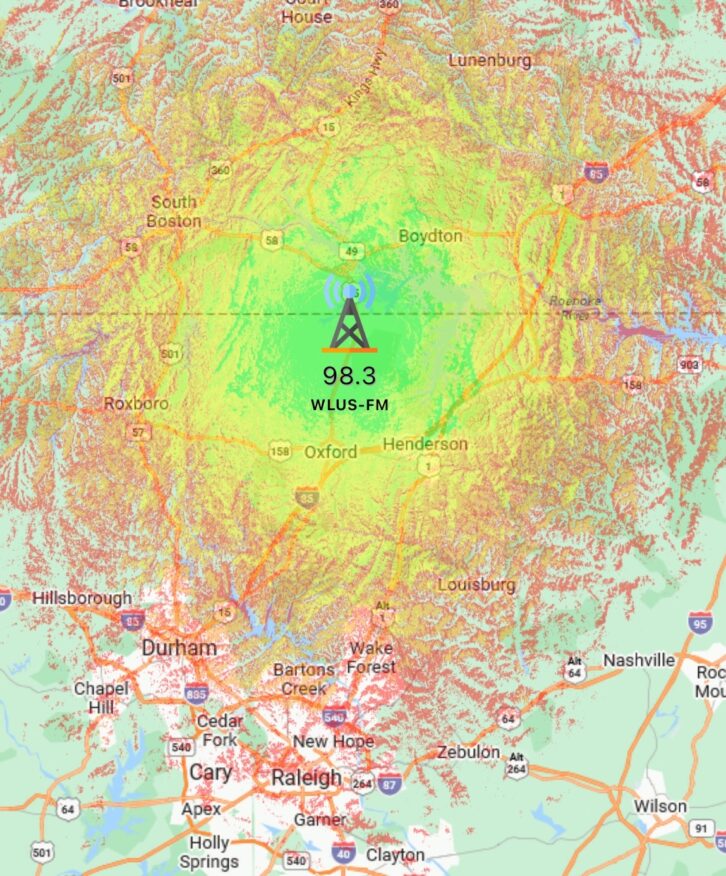 98.3 WLUS(FM)'s Longley-Rice coverage overlay, from the RadioLand app.